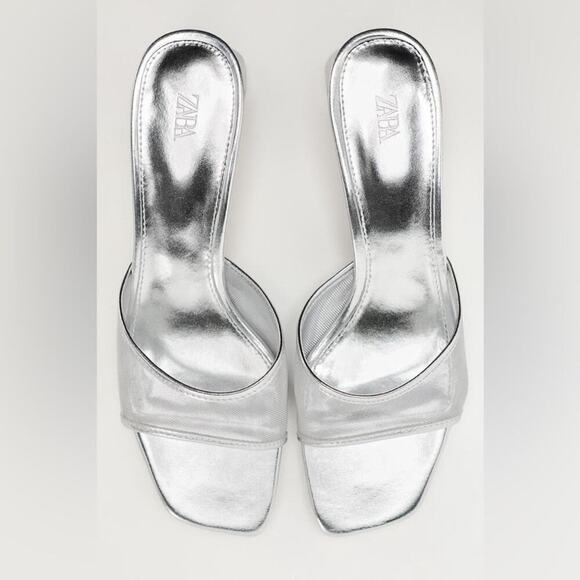 Zara Silver METALLIC MESH HEELED SLIDES Size 7.5 - Picture 2 of 13